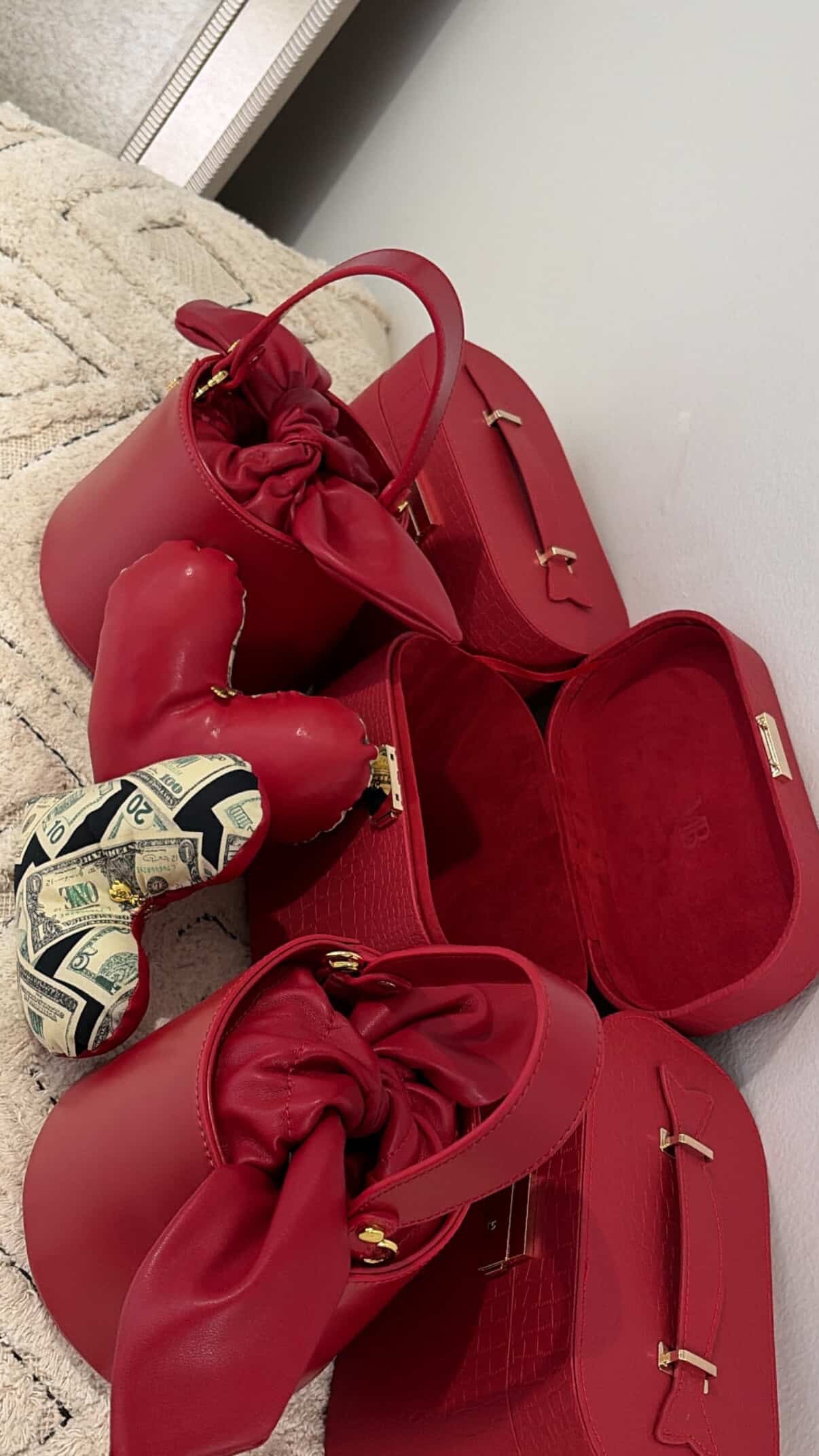Red Leather Bow Tie Bucket Bag